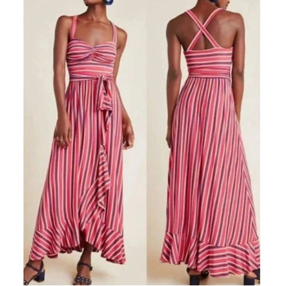 Anthropologie Red and White Striped Midi Dress